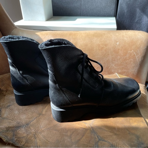 La Canadienne black leather square toe fur lined boots winter fall cozy vintage - Picture 6 of 9